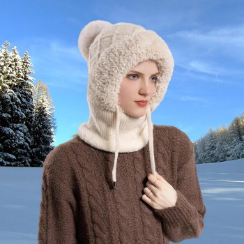 HUAMULAN Women's Winter 3-in-1 Balaclava Beige Knit Ski Hat Earmuff Face Mask Neck Scarf Windproof Cold Weather Set