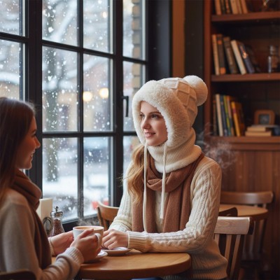 HUAMULAN Women's 3-in-1 Winter Balaclava Ski Hat Cream White HUAMULAN Women's 3-in-1 Winter Balaclava Fleece Lined Ski Hat Cream White
