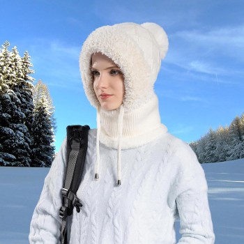 HUAMULAN Women's 3-in-1 Winter Balaclava Fleece Lined Ski Hat Earmuff Face Mask Cream White for Cold Weather HUAMULAN Women's 3-in-1 Winter Balaclava Fleece Lined Ski Hat Earmuff Face Mask Cream White for Cold Weather