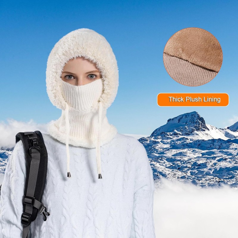 HUAMULAN Women's 3-in-1 Winter Balaclava Ski Hat Cream White HUAMULAN Women's 3-in-1 Winter Balaclava Fleece Lined Ski Hat Cream White