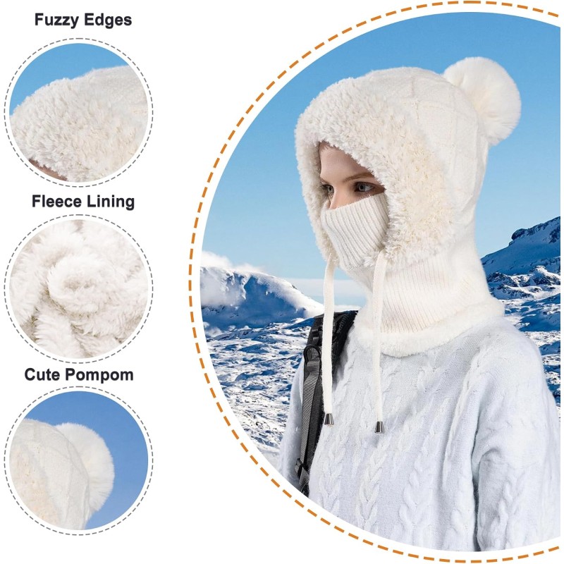 HUAMULAN Women's 3-in-1 Winter Balaclava Ski Hat Cream White HUAMULAN Women's 3-in-1 Winter Balaclava Fleece Lined Ski Hat Cream White