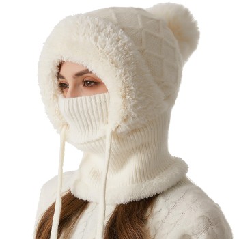 HUAMULAN Women's 3-in-1 Winter Balaclava Fleece Lined Ski Hat Earmuff Face Mask Cream White for Cold Weather