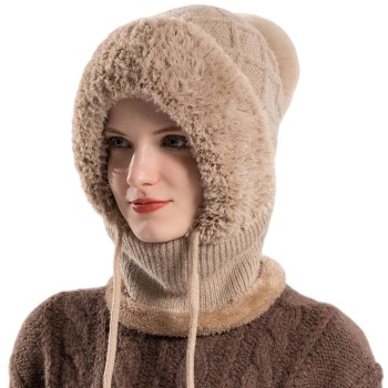 HUAMULAN Women's Winter 3-in-1 Fleece Lined Windproof Balaclava Beanie Ski Snow Face Mask Neck Scarf Set Khaki One Size