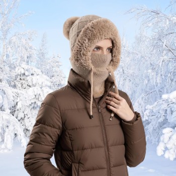 HUAMULAN Women's Winter 3-in-1 Fleece Lined Windproof Balaclava Beanie Ski Snow Face Mask Neck Scarf Set Khaki One Size HUAMULAN Women's Winter 3-in-1 Fleece Lined Windproof Balaclava Beanie Ski Snow Face Mask Neck Scarf Set Khaki One Size