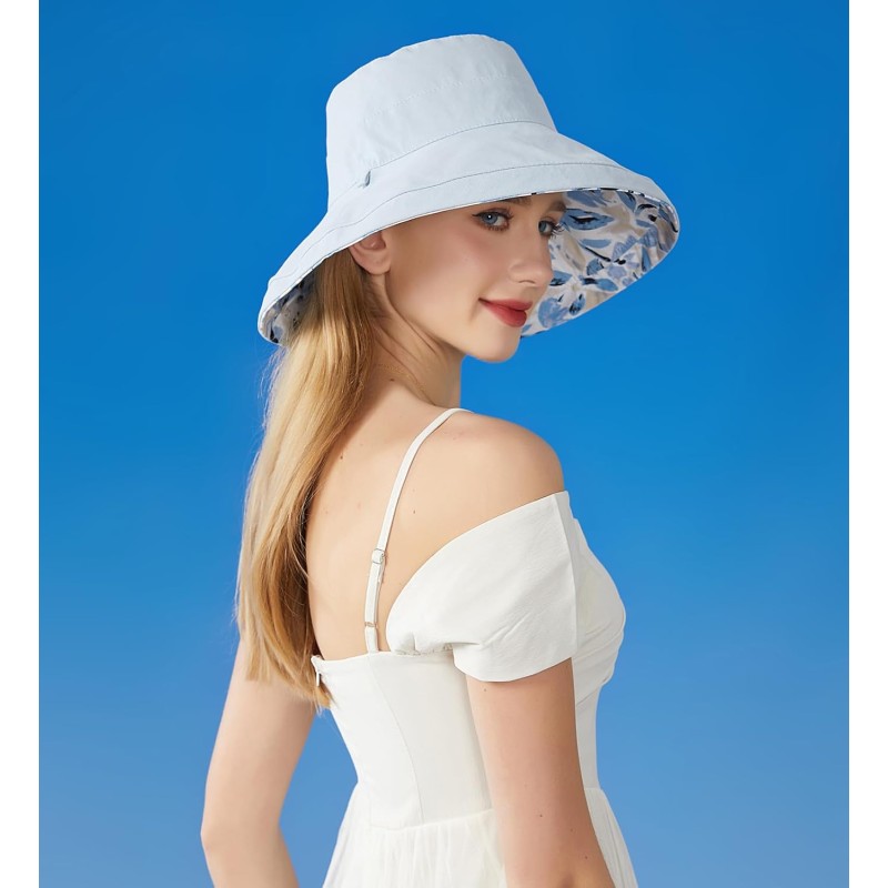 Women’s wide brim reversible sun hat with UV protection for summer outdoor activities