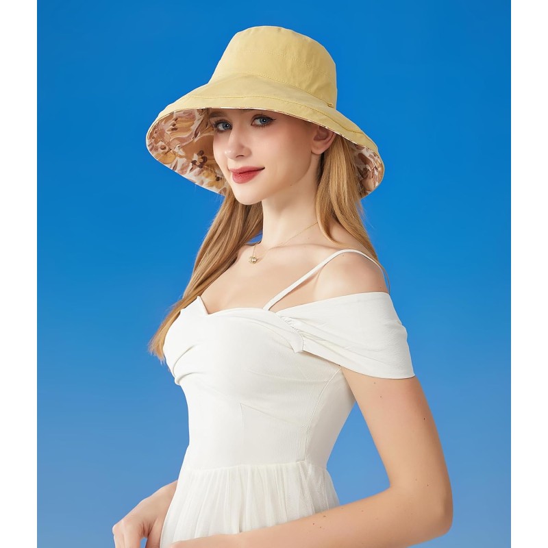 Women's wide brim sun hat with UV protection, reversible and packable for beach, fishing, hiking