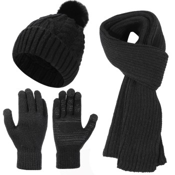 Women's Winter Beanie Scarf Gloves Set – Pompom Touchscreen Fleece Lined Cold Weather Ski Gear