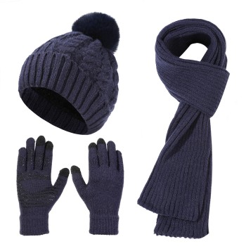 Women's Winter Beanie Scarf Gloves Set – Warm Fleece Lined, Touchscreen Gloves, Pompom, Navy Cold Weather