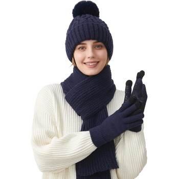 Women's Winter Beanie Scarf Gloves Set – Warm Fleece Lined, Touchscreen Gloves, Pompom, Navy Cold Weather