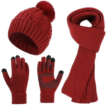 Women's Winter Beanie Scarf Gloves Set Pompom Fleece Lined Touchscreen Ski Snow Wine Red