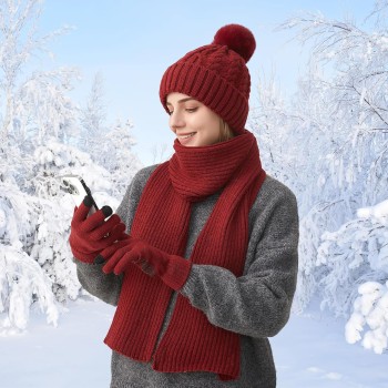 Women's Winter Beanie Scarf Gloves Set Pompom Fleece Lined Touchscreen Ski Snow Wine Red