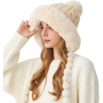 HUAMULAN Women's Winter Sherpa Lined Beanie Ear Flaps Pom Pom Knit Ski Hat Beige Ponytail Ready HUAMULAN Women's Winter Sherpa Lined Beanie Ear Flaps Pom Pom Knit Ski Hat Beige Ponytail Ready