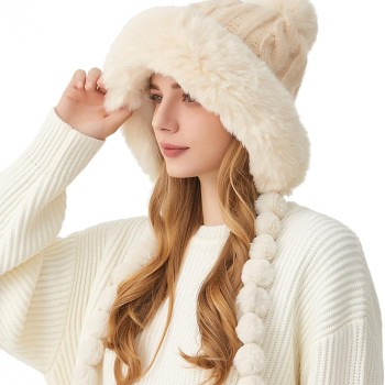 HUAMULAN Women's Winter Sherpa Lined Beanie Ear Flaps Pom Pom Knit Ski Hat Beige Ponytail Ready HUAMULAN Women's Winter Sherpa Lined Beanie Ear Flaps Pom Pom Knit Ski Hat Beige Ponytail Ready
