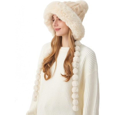 HUAMULAN Women's Beige Sherpa Lined Winter Beanie Ear Flap Pom Pom HUAMULAN women's beige winter beanie with sherpa lining, ear flaps, pom pom and ponytail opening