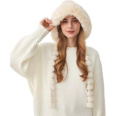 HUAMULAN Women's Beige Sherpa Lined Winter Beanie Ear Flap Pom Pom HUAMULAN women's beige winter beanie with sherpa lining, ear flaps, pom pom and ponytail opening