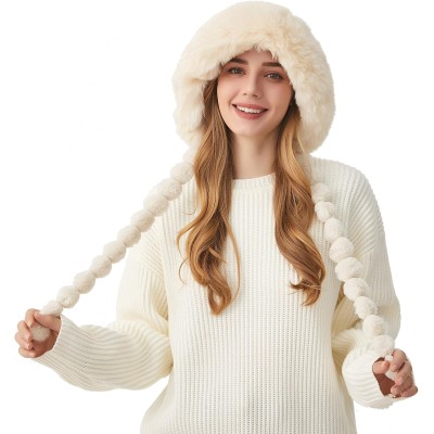 HUAMULAN Women's Beige Sherpa Lined Winter Beanie Ear Flap Pom Pom HUAMULAN women's beige winter beanie with sherpa lining, ear flaps, pom pom and ponytail opening