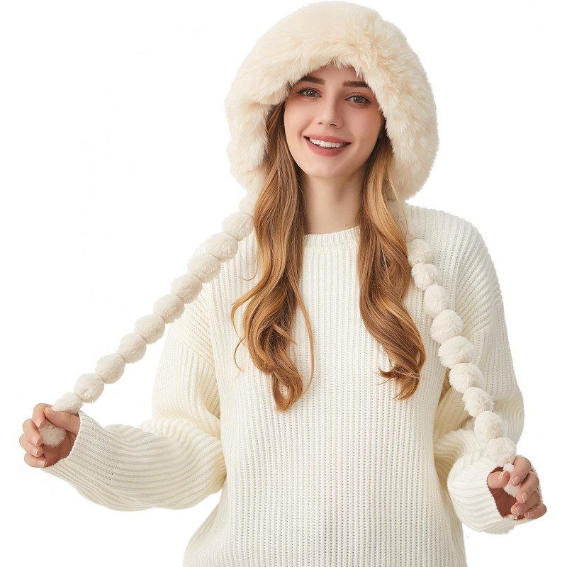 HUAMULAN Women's Beige Sherpa Lined Winter Beanie Ear Flap Pom Pom HUAMULAN women's beige winter beanie with sherpa lining, ear flaps, pom pom and ponytail opening