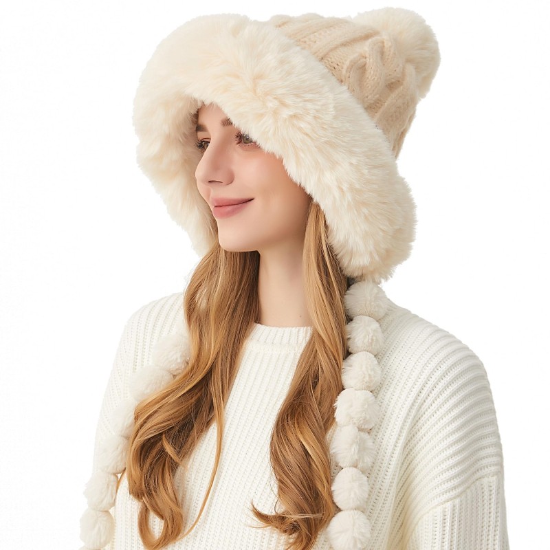 HUAMULAN Women's Beige Sherpa Lined Winter Beanie Ear Flap Pom Pom HUAMULAN women's beige winter beanie with sherpa lining, ear flaps, pom pom and ponytail opening