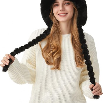 HUAMULAN Women's Winter Sherpa Lined Beanie Hat Ear Flaps Braids Ponytail Ski Snow Black HUAMULAN Women's Winter Sherpa Lined Beanie Hat Ear Flaps Braids Ponytail Ski Snow Black