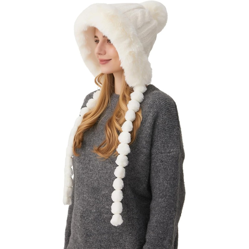 HUAMULAN Women's Cream White Peruvian Fleece-Lined Beanie Ski Hat HUAMULAN Women's Cream White Fleece-Lined Ear Flap Ski Hat with Braids and Pom Poms