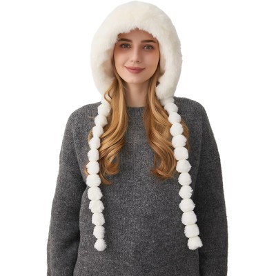 HUAMULAN Women's Cream White Peruvian Fleece-Lined Beanie Ski Hat HUAMULAN Women's Cream White Fleece-Lined Ear Flap Ski Hat with Braids and Pom Poms