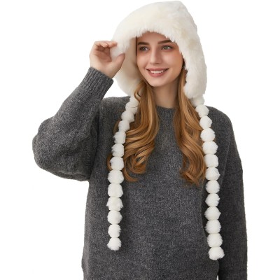 HUAMULAN Women's Cream White Peruvian Fleece-Lined Beanie Ski Hat HUAMULAN Women's Cream White Fleece-Lined Ear Flap Ski Hat with Braids and Pom Poms