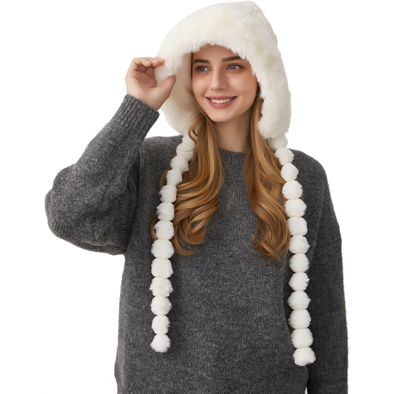 HUAMULAN Women's Cream White Peruvian Fleece-Lined Beanie Ski Hat HUAMULAN Women's Cream White Fleece-Lined Ear Flap Ski Hat with Braids and Pom Poms