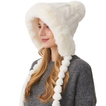 HUAMULAN Women's Cream White Peruvian Fleece-Lined Beanie Ear Flap Ski Hat with Braids, Pom Poms & Ponytail Slot
