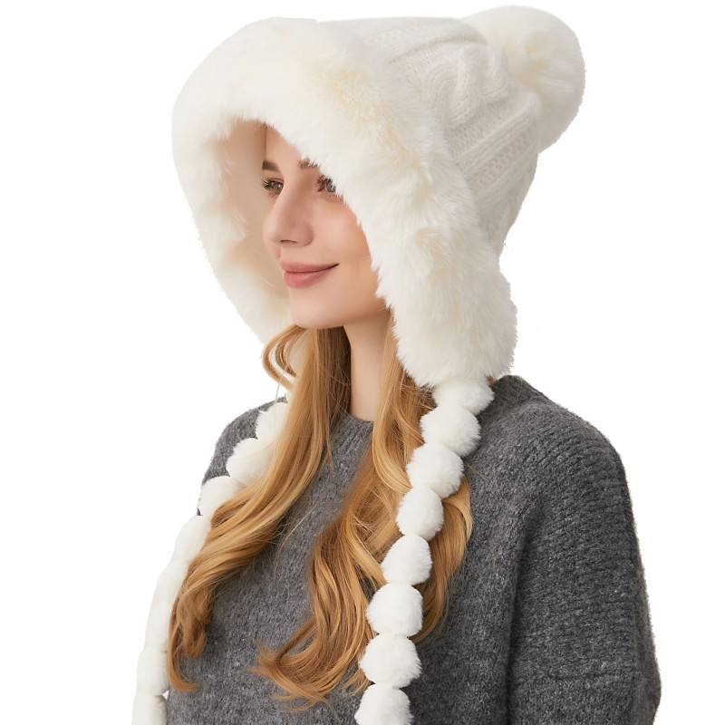 HUAMULAN Women's Cream White Peruvian Fleece-Lined Beanie Ski Hat HUAMULAN Women's Cream White Fleece-Lined Ear Flap Ski Hat with Braids and Pom Poms