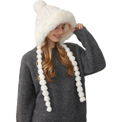 HUAMULAN Women's Cream White Peruvian Fleece-Lined Beanie Ski Hat HUAMULAN Women's Cream White Fleece-Lined Ear Flap Ski Hat with Braids and Pom Poms