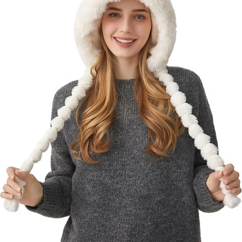 HUAMULAN Women's Cream White Peruvian Fleece-Lined Beanie Ear Flap Ski Hat with Braids, Pom Poms & Ponytail Slot HUAMULAN Women's Cream White Peruvian Fleece-Lined Beanie Ear Flap Ski Hat with Braids, Pom Poms & Ponytail Slot