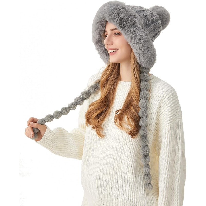 HUAMULAN Women's Gray Sherpa Beanie Ear Flap Ponytail Hat HUAMULAN Women's Gray Winter Sherpa Beanie with Ear Flaps for Ski and Travel