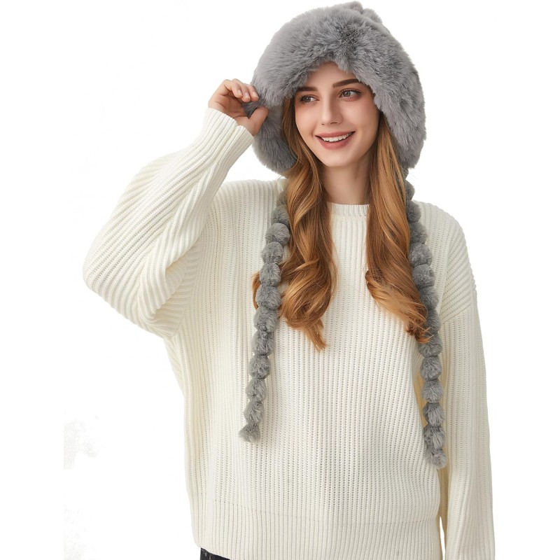 HUAMULAN Women's Gray Sherpa Beanie Ear Flap Ponytail Hat HUAMULAN Women's Gray Winter Sherpa Beanie with Ear Flaps for Ski and Travel