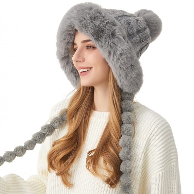 HUAMULAN Women's Gray Sherpa Beanie Ear Flap Ponytail Hat HUAMULAN Women's Gray Winter Sherpa Beanie with Ear Flaps for Ski and Travel