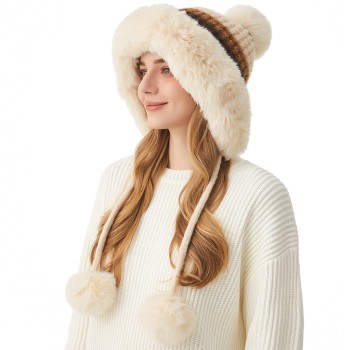 Women's Winter Peruvian Beanie: Fleece-Lined, Ear Flaps, 3 Pom Poms, Beige Stripe, One Size for Ski Snow