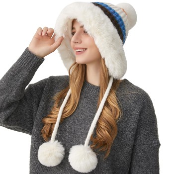 Women's Peruvian Winter Beanie – 3 Pom Pom Ear Flap Fleece Lined Ski Hat, Cream White Stripe, One Size