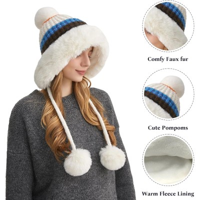 Women's Cream White Stripe Peruvian Winter Beanie 3 Pom Pom Ear Flap Ski Hat Cream White Stripe Women's Peruvian Winter Beanie with 3 Pom Poms and Ear Flaps