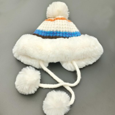 Women's Cream White Stripe Peruvian Winter Beanie 3 Pom Pom Ear Flap Ski Hat Cream White Stripe Women's Peruvian Winter Beanie with 3 Pom Poms and Ear Flaps
