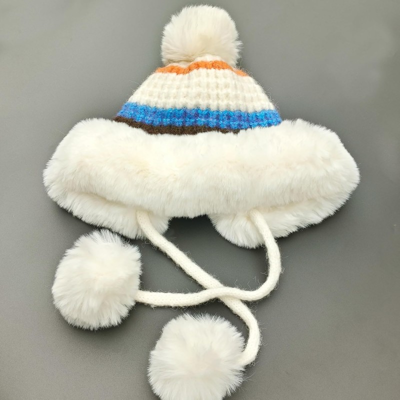 Women's Cream White Stripe Peruvian Winter Beanie 3 Pom Pom Ear Flap Ski Hat Cream White Stripe Women's Peruvian Winter Beanie with 3 Pom Poms and Ear Flaps