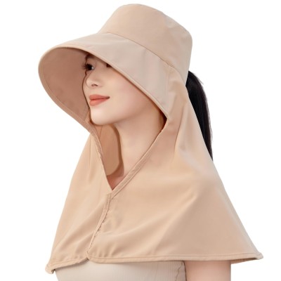 HUAMULAN women's khaki wide brim sun hat with ponytail opening and neck flap