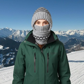 Women's 3-in-1 Fleece Lined Balaclava Hat Neck Scarf, Patterned Gray One Size for Ski Winter Cold Weather