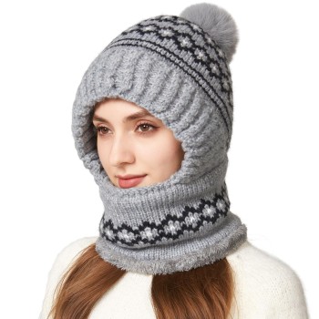 Women's 3-in-1 Fleece Lined Balaclava Hat Neck Scarf, Patterned Gray One Size for Ski Winter Cold Weather