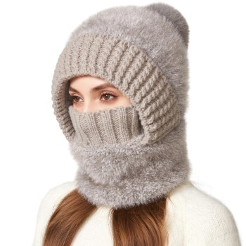Women's Fleece Lined Windproof 3-in-1 Balaclava Ski Beanie Gray One Size Winter