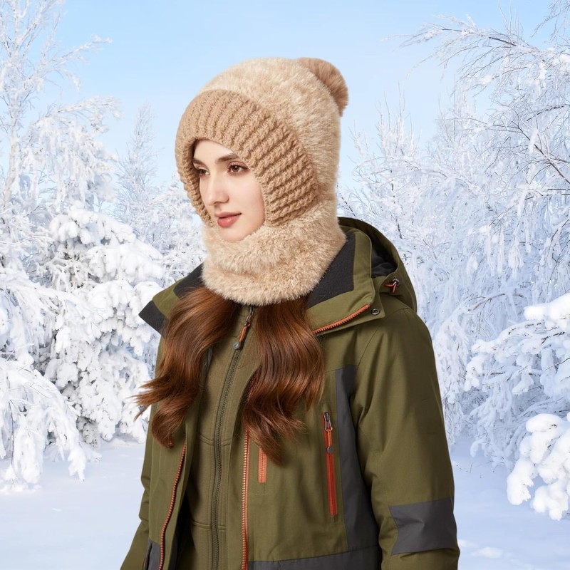 Women’s Khaki 3-in-1 Warm Balaclava Ski Beanie Neck Scarf Khaki Women’s 3-in-1 Balaclava Ski Beanie Neck Scarf for Cold Weather