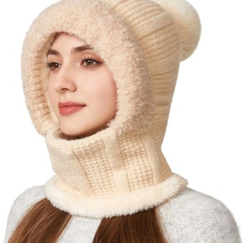 HUAMULAN Women’s Warm Winter 3-in-1 Fleece Balaclava Set, Solid Beige for Ski Snow Sports