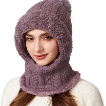 HUAMULAN Women Winter 3-in-1 Balaclava Beanie Fleece Face Mask Neck Scarf Ski Snow Warm Knit Hat Purple