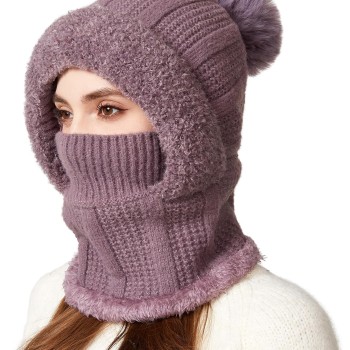 HUAMULAN Women Winter 3-in-1 Balaclava Beanie Fleece Face Mask Neck Scarf Ski Snow Warm Knit Hat Purple
