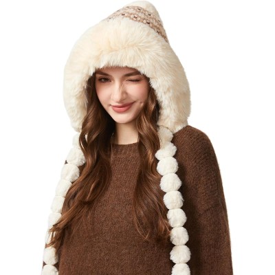 HUAMULAN Women's Beige Floral Fleece Lined Winter Ski Beanie HUAMULAN Beige Floral Fleece Lined Earflap Beanie with 3 Pom Poms