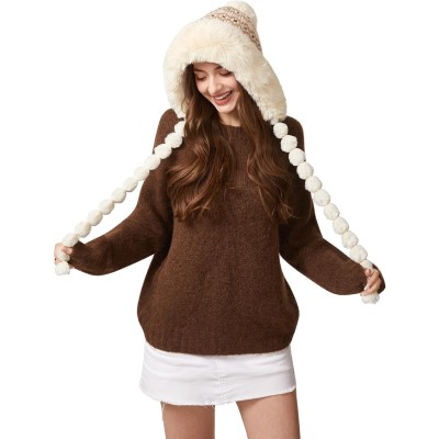 HUAMULAN Women's Beige Floral Fleece Lined Winter Ski Beanie HUAMULAN Beige Floral Fleece Lined Earflap Beanie with 3 Pom Poms