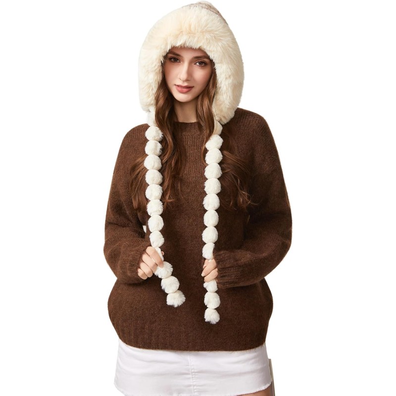 HUAMULAN Women's Beige Floral Fleece Lined Winter Ski Beanie HUAMULAN Beige Floral Fleece Lined Earflap Beanie with 3 Pom Poms